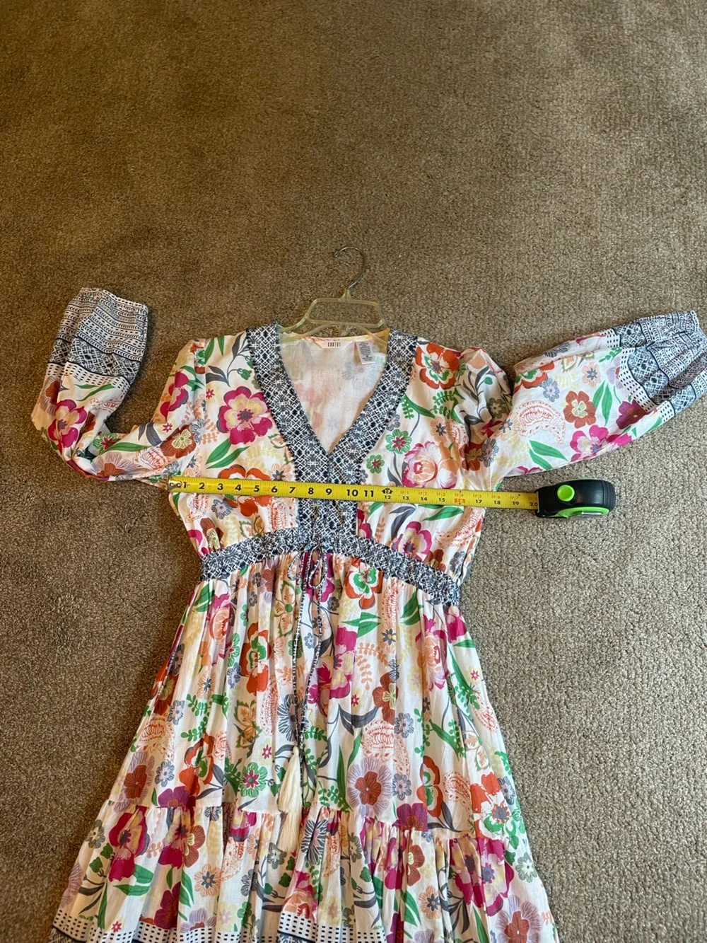 Kaktus Boho Floral Tiered Womens Dress with Blue Trim Size M V Neck Cottagecore - Picture 9 of 12